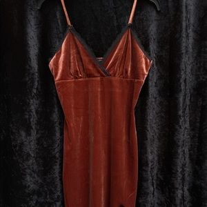 Rust Colored Velvet Dress w/ Black Lace Detail & Slit